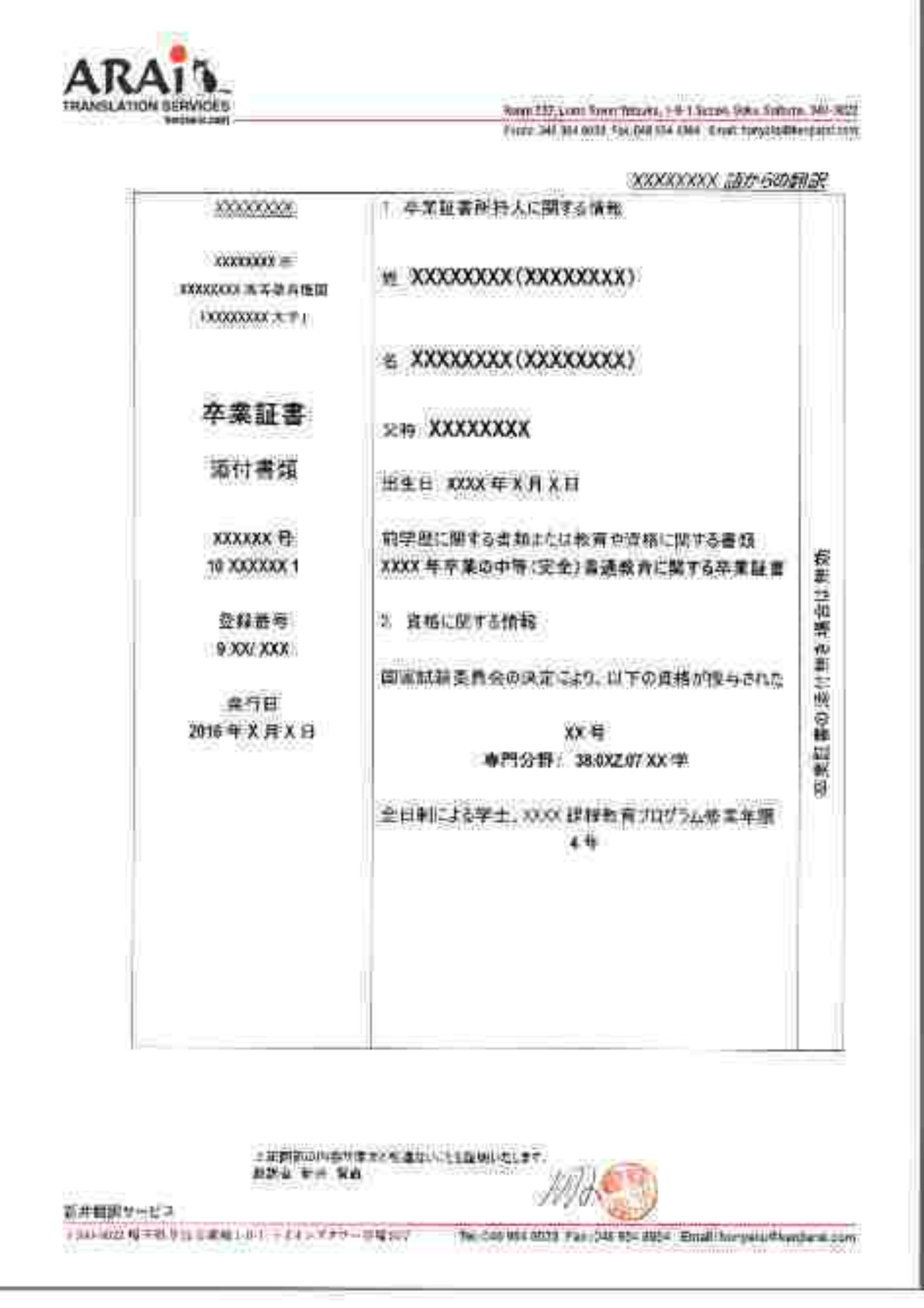 卒業証明書 翻訳サンプル 1