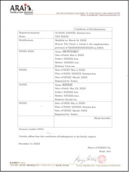 新様式戸籍謄本の翻訳例